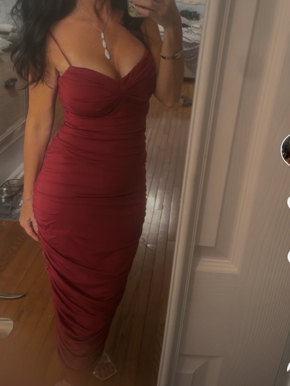 Women’s Ruched Spaghetti Strap Midi Dress - Burgundy